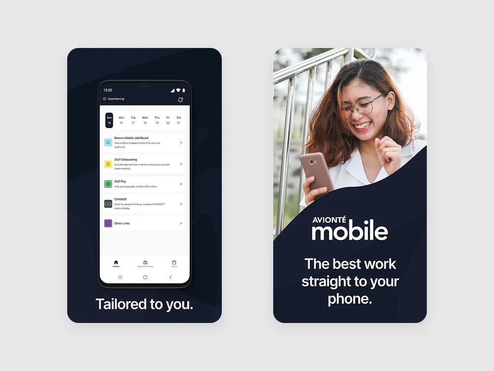 Avionté Mobile app screens